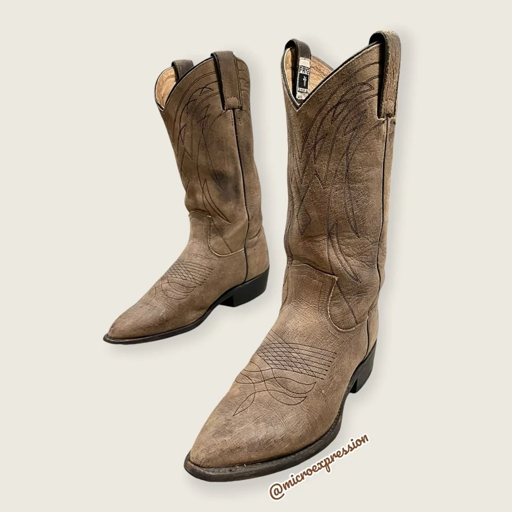 $399 Frye Billy Pull On Tan Distressed Leather Cowboy Knee/Calf High Stitch Boot